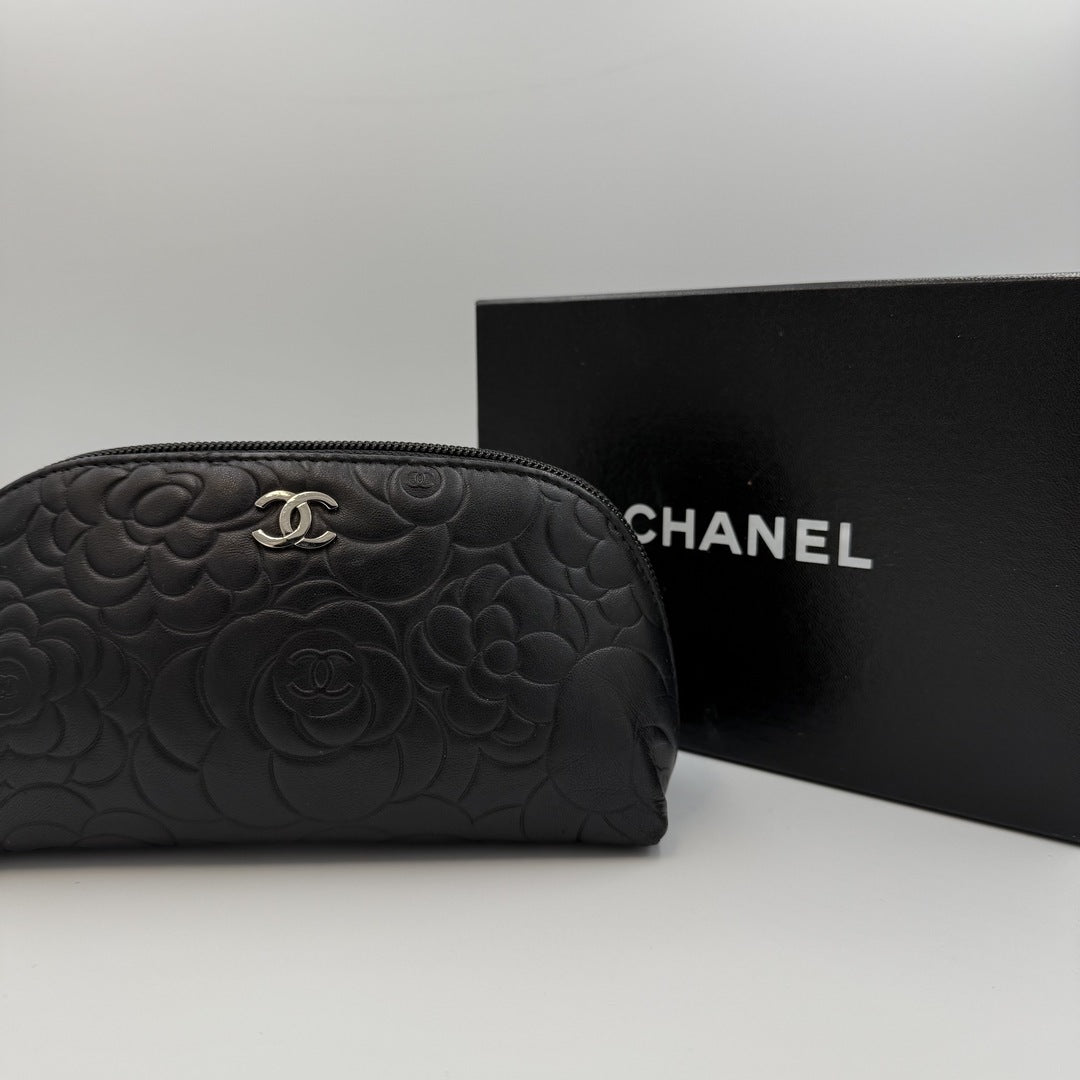 2012 Chanel Camellia Black Leather Cosmetic Pouch