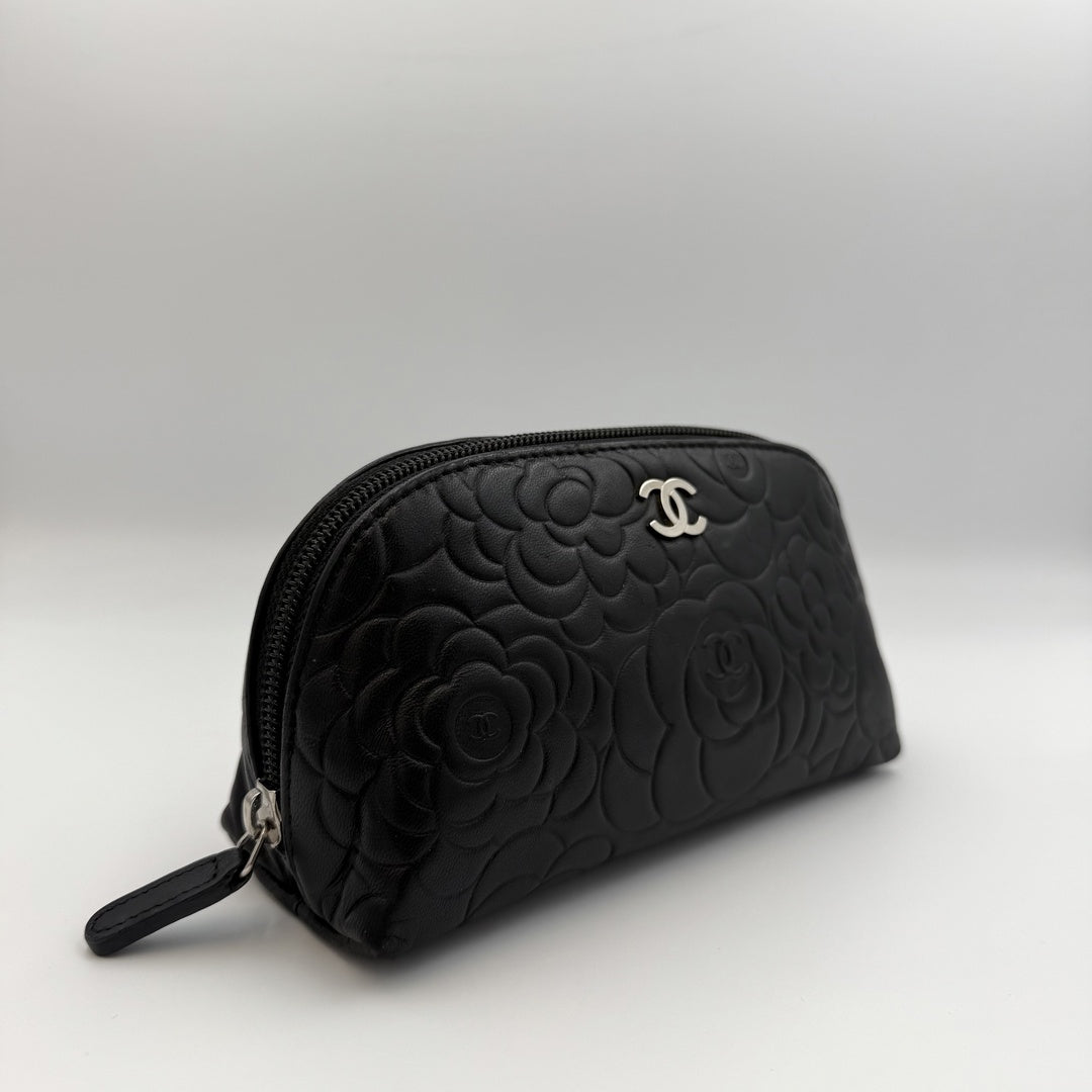 2012 Chanel Camellia Black Leather Cosmetic Pouch