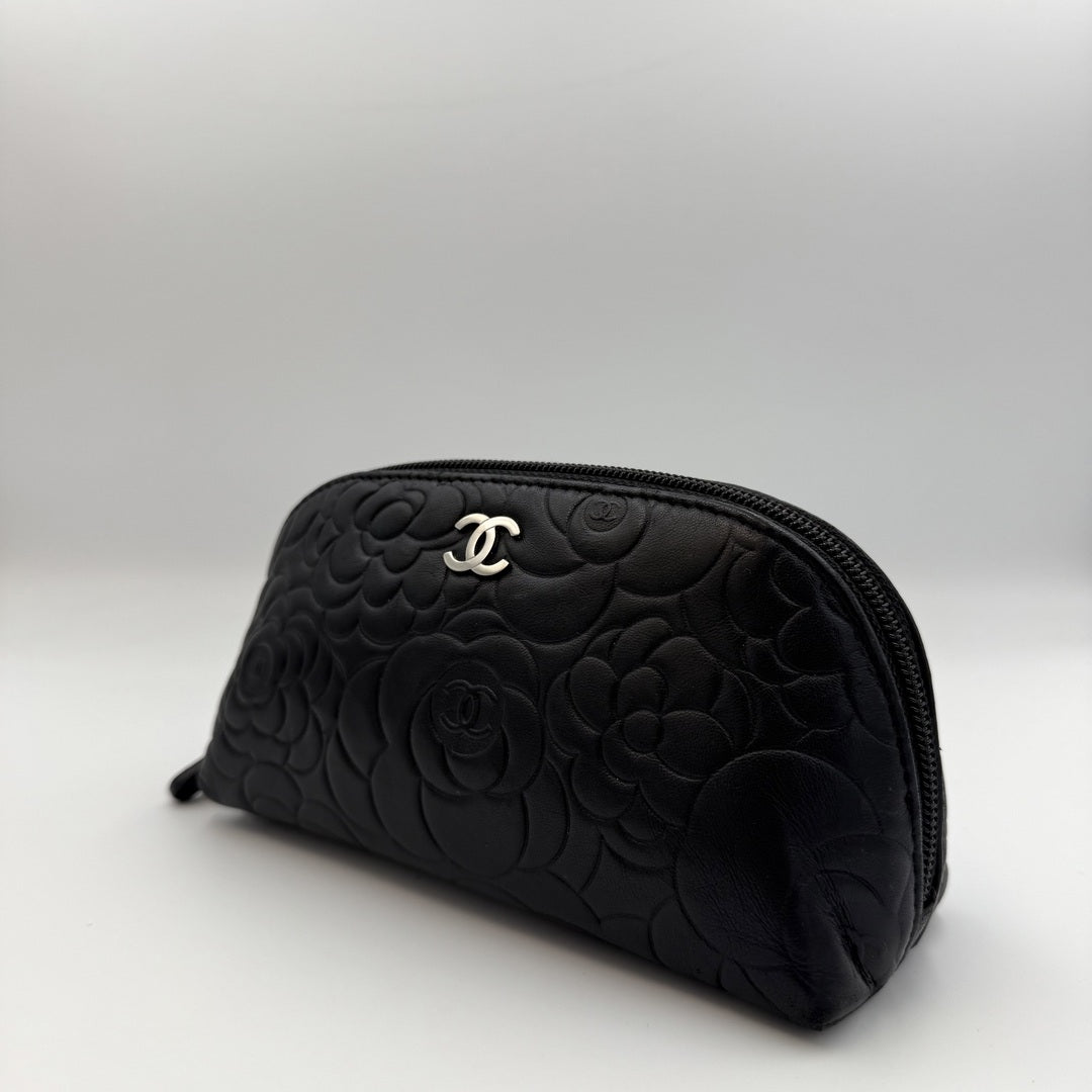 2012 Chanel Camellia Black Leather Cosmetic Pouch