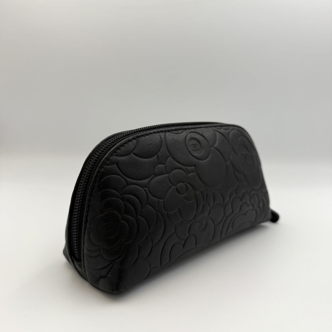 2012 Chanel Camellia Black Leather Cosmetic Pouch