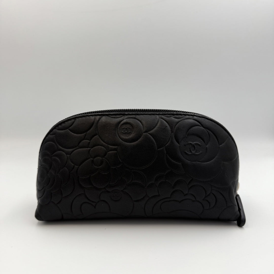 2012 Chanel Camellia Black Leather Cosmetic Pouch