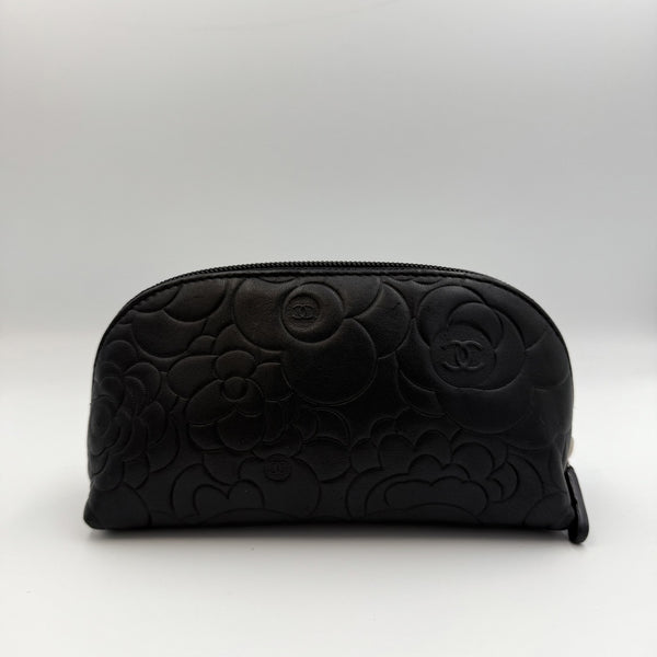 2012 Chanel Camellia Black Leather Cosmetic Pouch