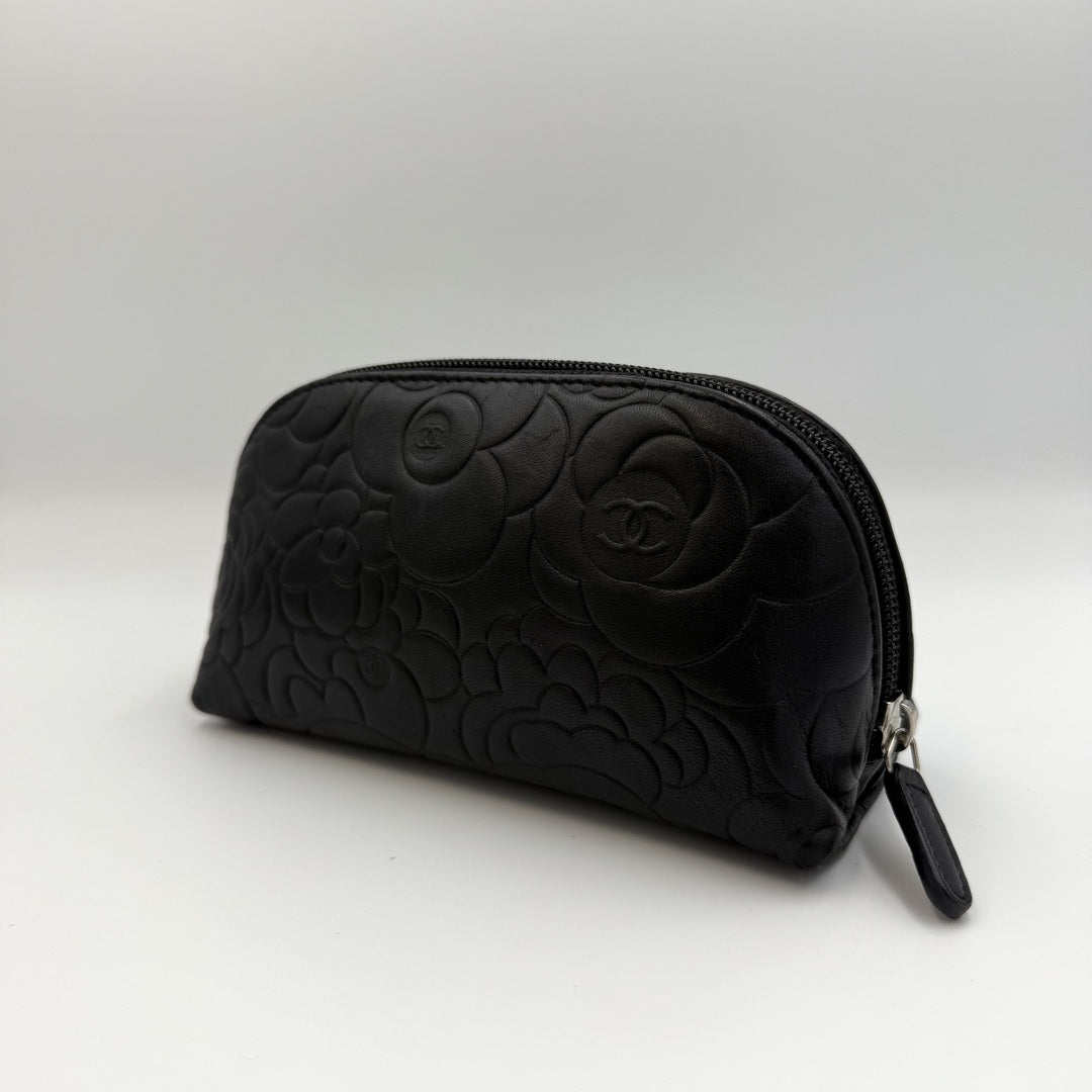 2012 Chanel Camellia Black Leather Cosmetic Pouch