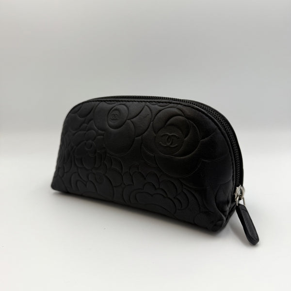 2012 Chanel Camellia Black Leather Cosmetic Pouch
