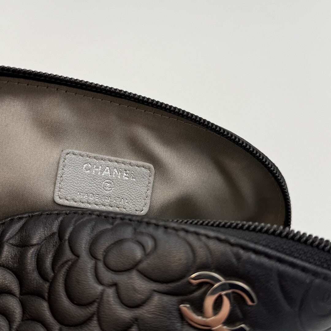 2012 Chanel Camellia Black Leather Cosmetic Pouch