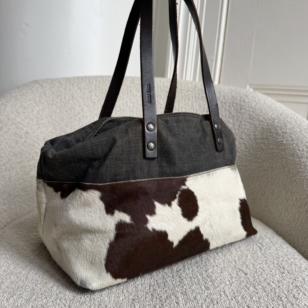 Archive Miu Miu Cow Print Denim Shoulder Bag