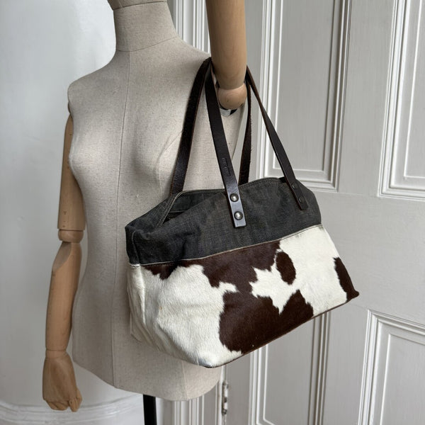 Archive Miu Miu Cow Print Denim Shoulder Bag