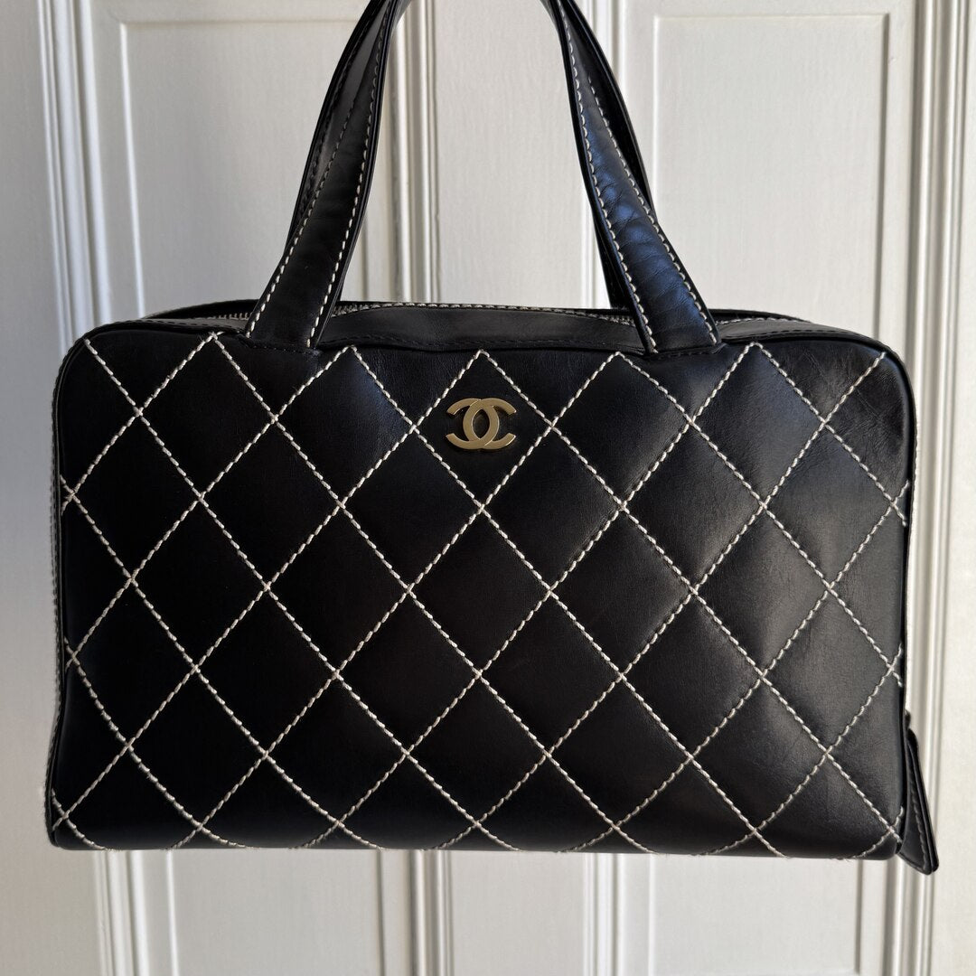 2002 Chanel CC Surpique Wild Stitch Black Leather Handbag