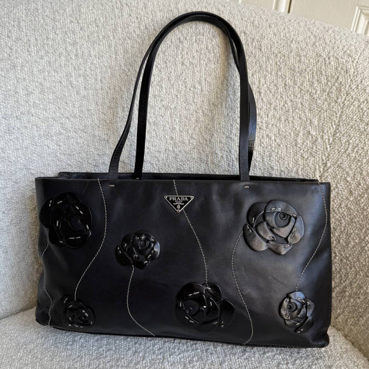 2000 Prada Floral Leather Black Shoulder Bag