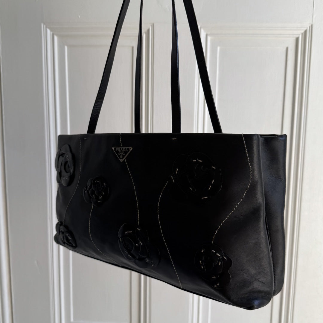 2000 Prada Floral Leather Black Shoulder Bag