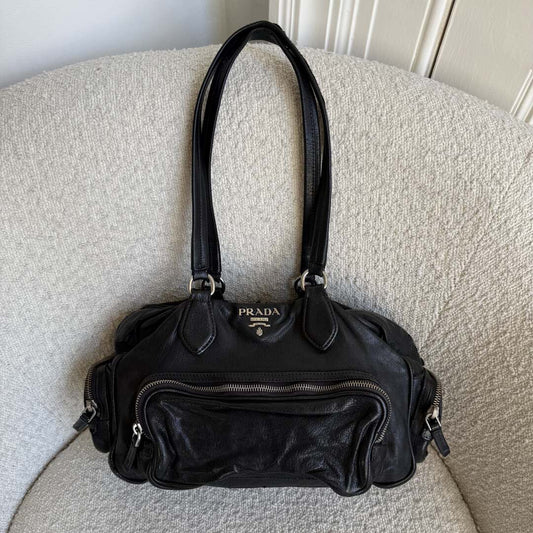 Prada Vitello Cargo Pocket Black Leather Shoulder Bag