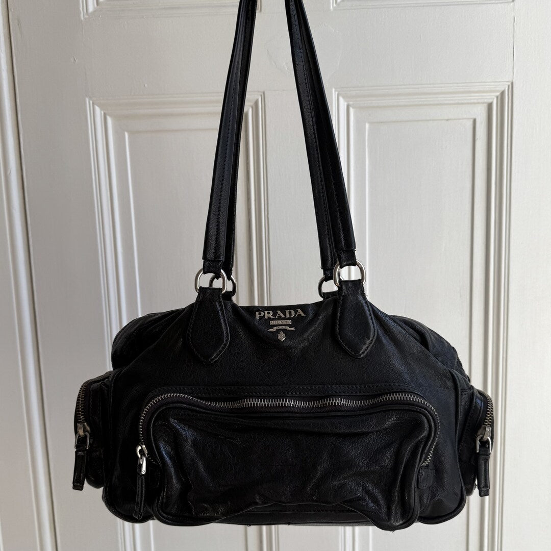 Prada Vitello Cargo Pocket Black Leather Shoulder Bag