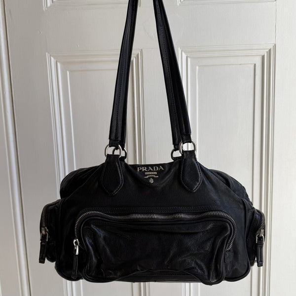Prada Vitello Cargo Pocket Black Leather Shoulder Bag