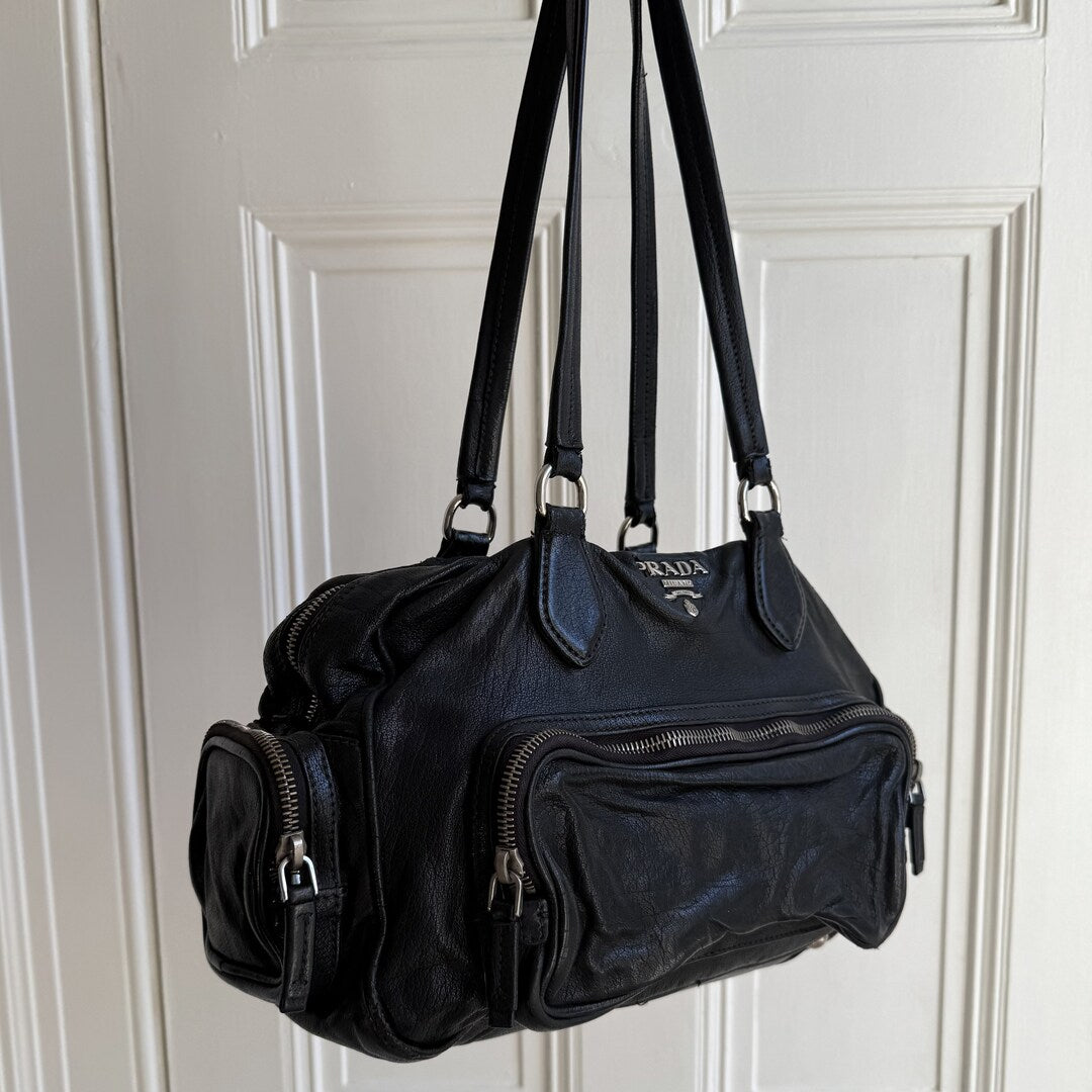 Prada Vitello Cargo Pocket Black Leather Shoulder Bag