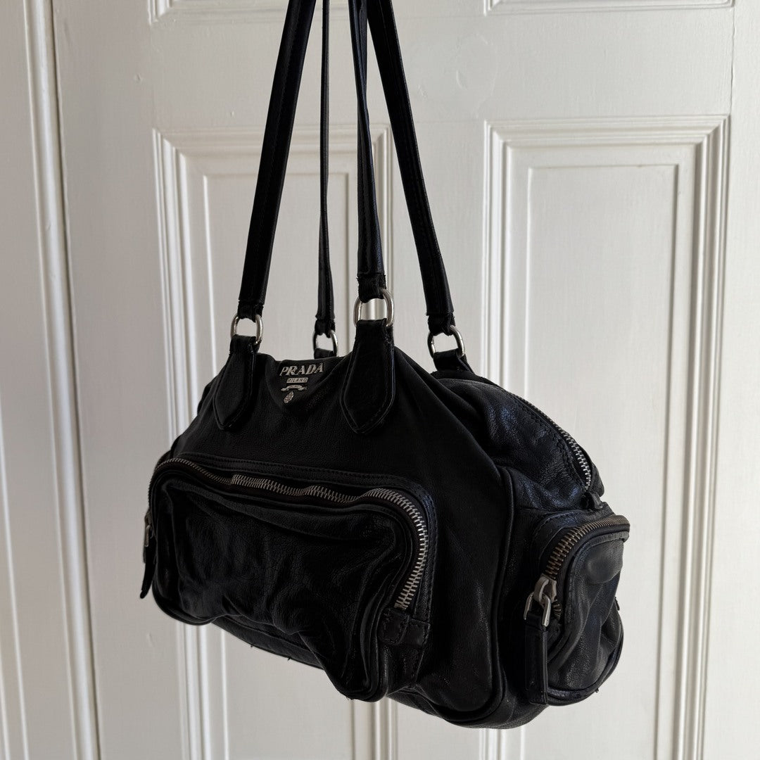 Prada Vitello Cargo Pocket Black Leather Shoulder Bag