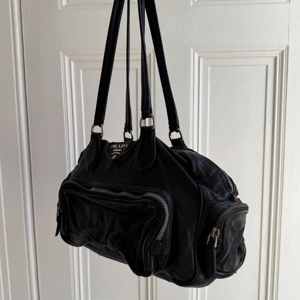 Prada Vitello Cargo Pocket Black Leather Shoulder Bag