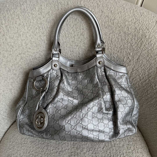 Gucci Sukey Metallic Silver Leather Shoulder Bag