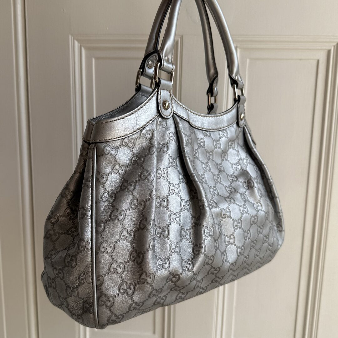 Gucci Sukey Metallic Silver Leather Shoulder Bag