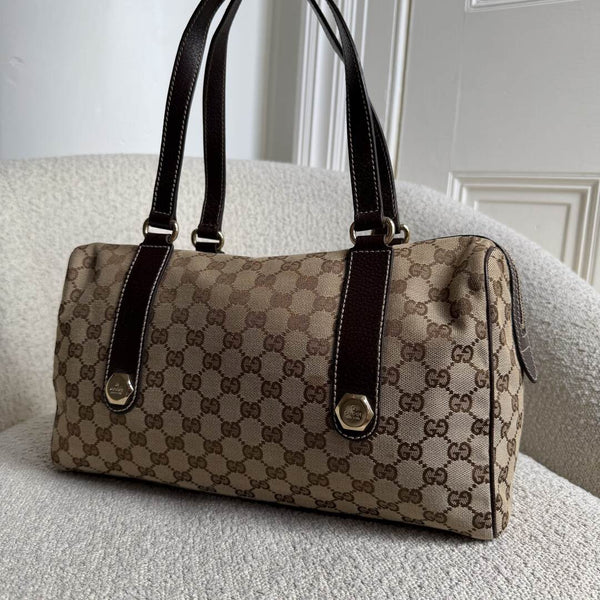 Gucci GG Canvas Charmy Boston Brown Shoulder Bag