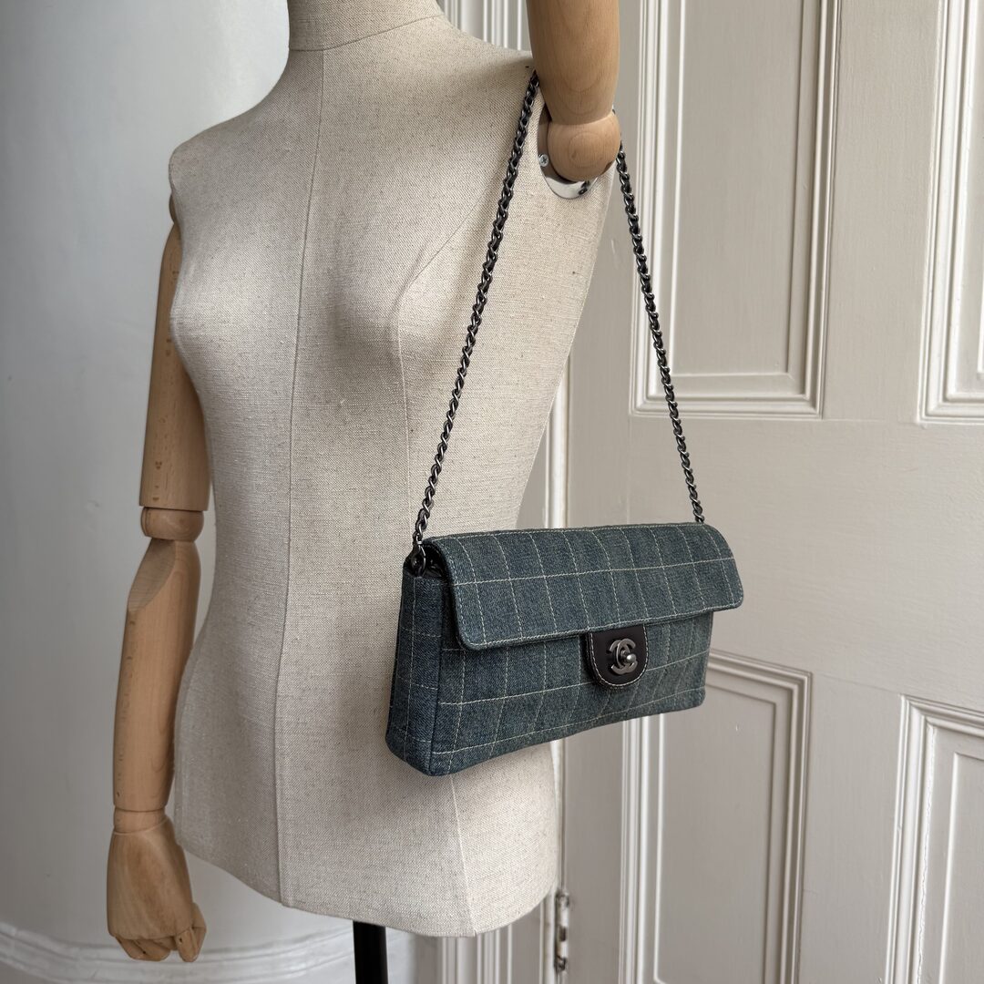 2000 Chanel Blue Denim Chocolate Bar Flap Mini Shoulder Bag