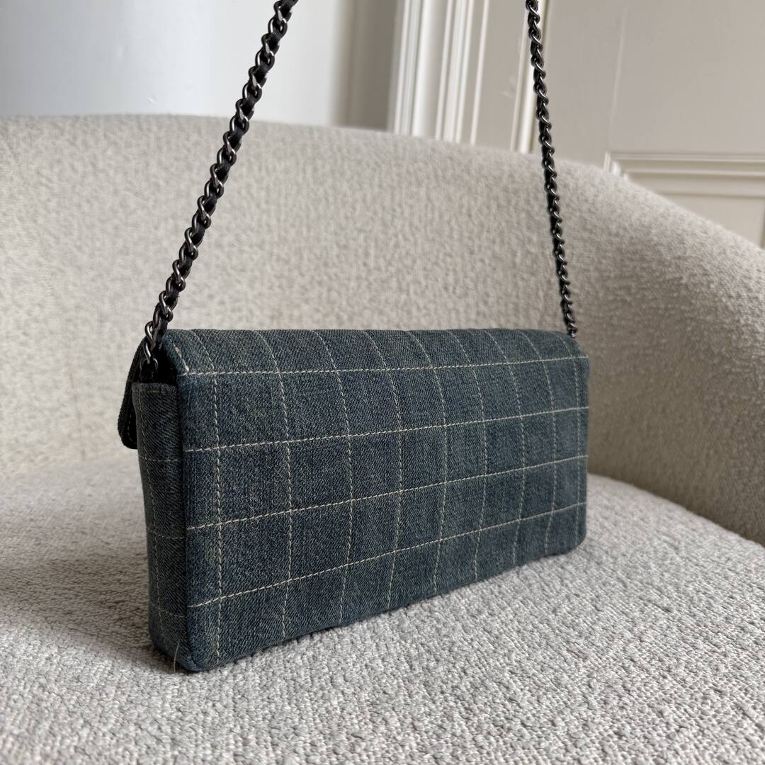 2000 Chanel Blue Denim Chocolate Bar Flap Mini Shoulder Bag