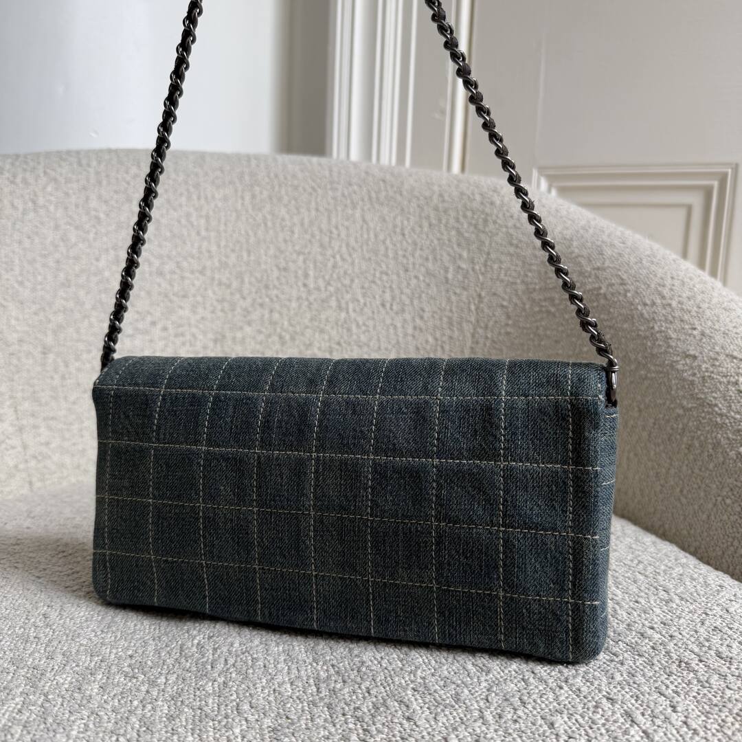 2000 Chanel Blue Denim Chocolate Bar Flap Mini Shoulder Bag