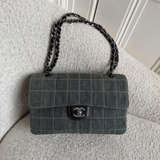 2000 Chanel Blue Denim Chocolate Bar Flap Shoulder Bag