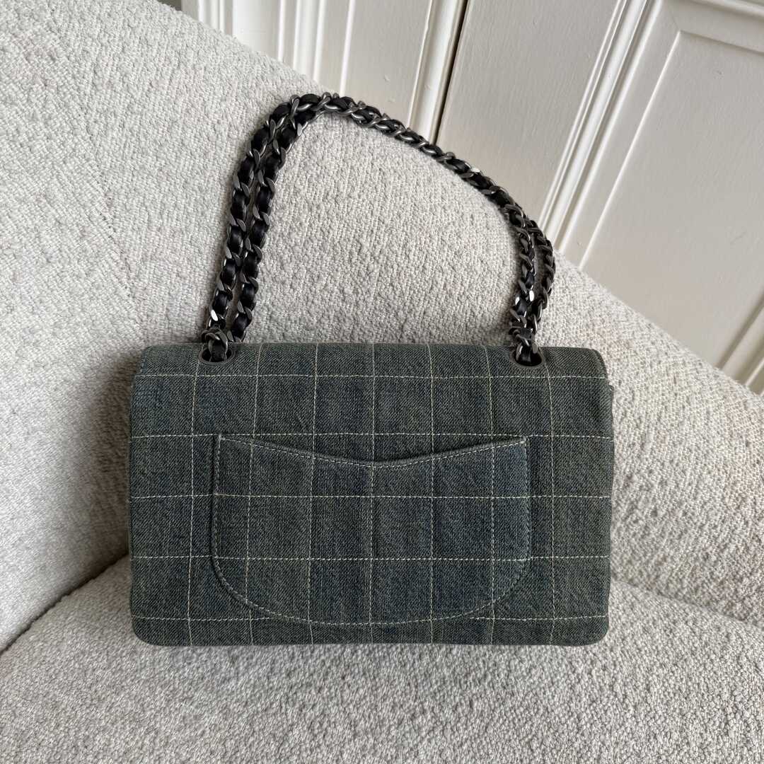 2000 Chanel Blue Denim Chocolate Bar Flap Shoulder Bag