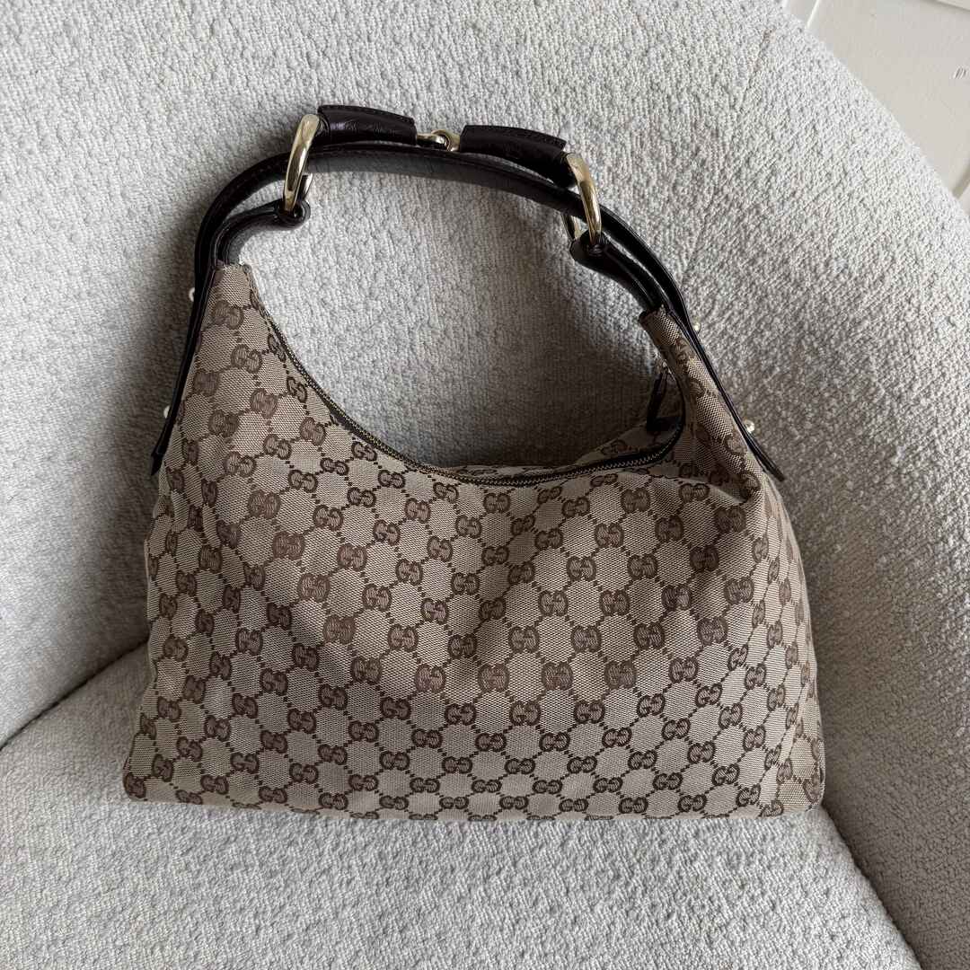 Gucci GG Canvas Horsebit Hobo Brown Shoulder Bag