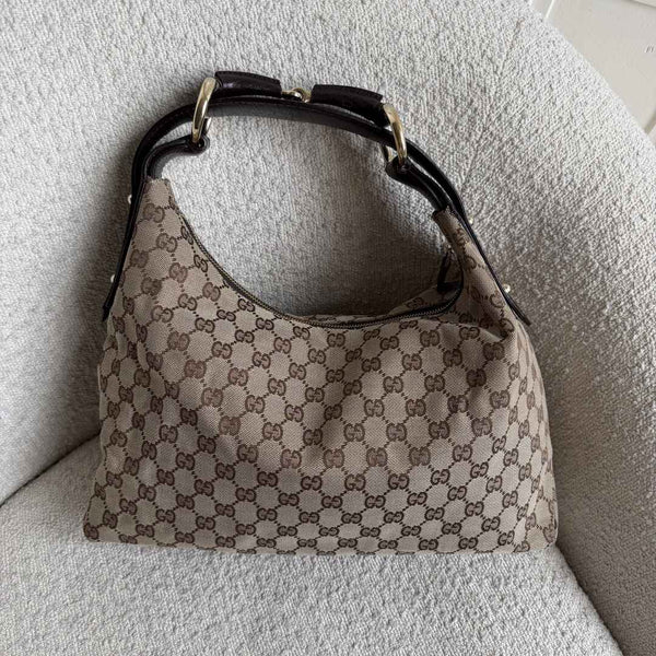Gucci GG Canvas Horsebit Hobo Brown Shoulder Bag