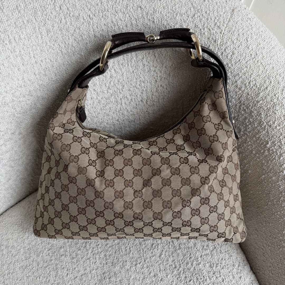Gucci GG Canvas Horsebit Hobo Brown Shoulder Bag