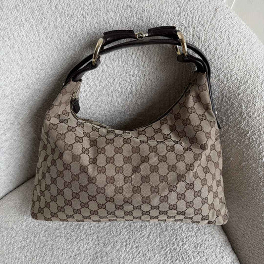 Gucci GG Canvas Horsebit Hobo Brown Shoulder Bag