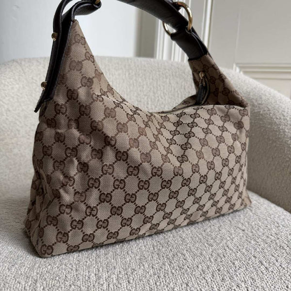Gucci GG Canvas Horsebit Hobo Brown Shoulder Bag