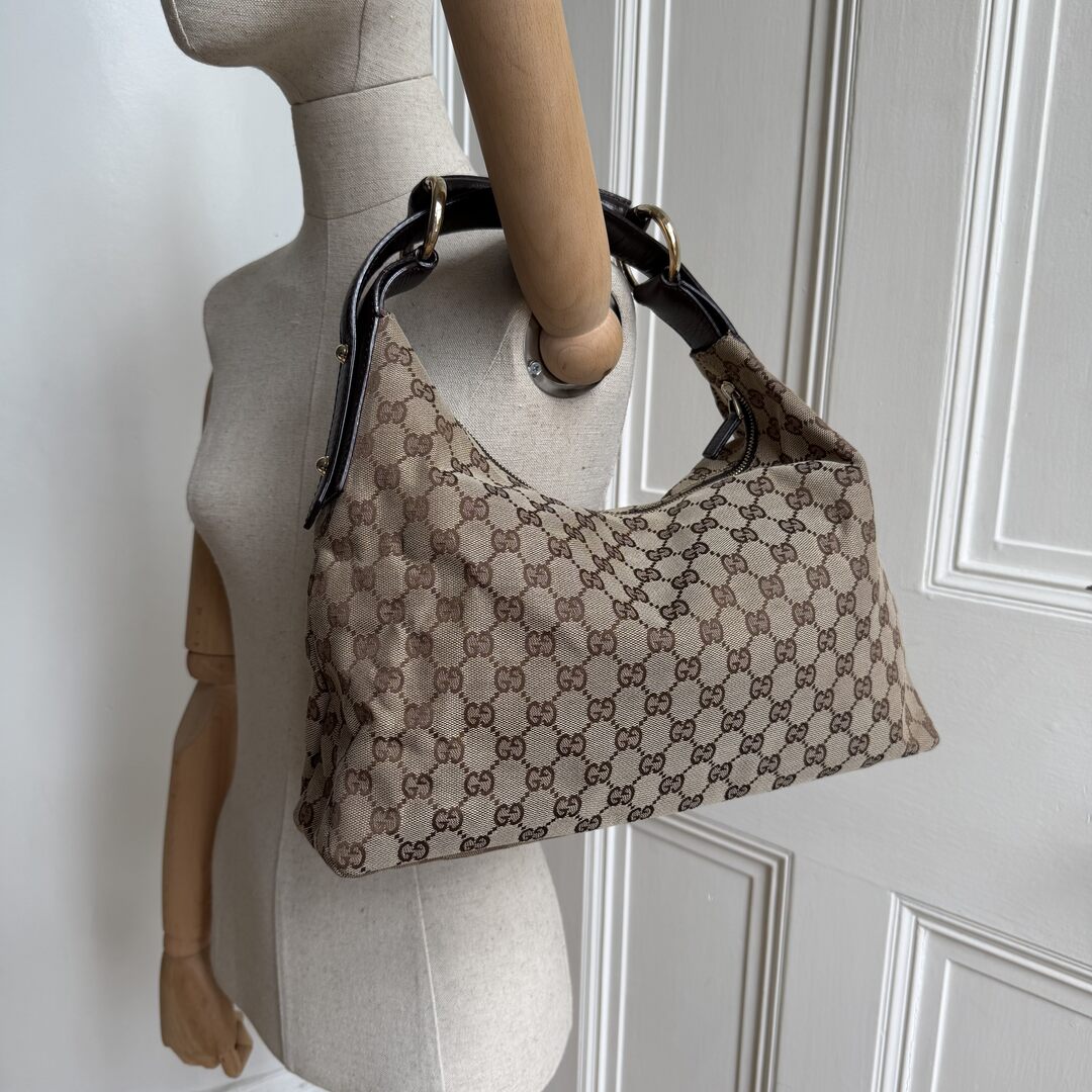 Gucci GG Canvas Horsebit Hobo Brown Shoulder Bag