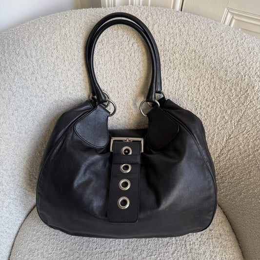 2002 Prada XL Moon Black Leather Shoulder Bag
