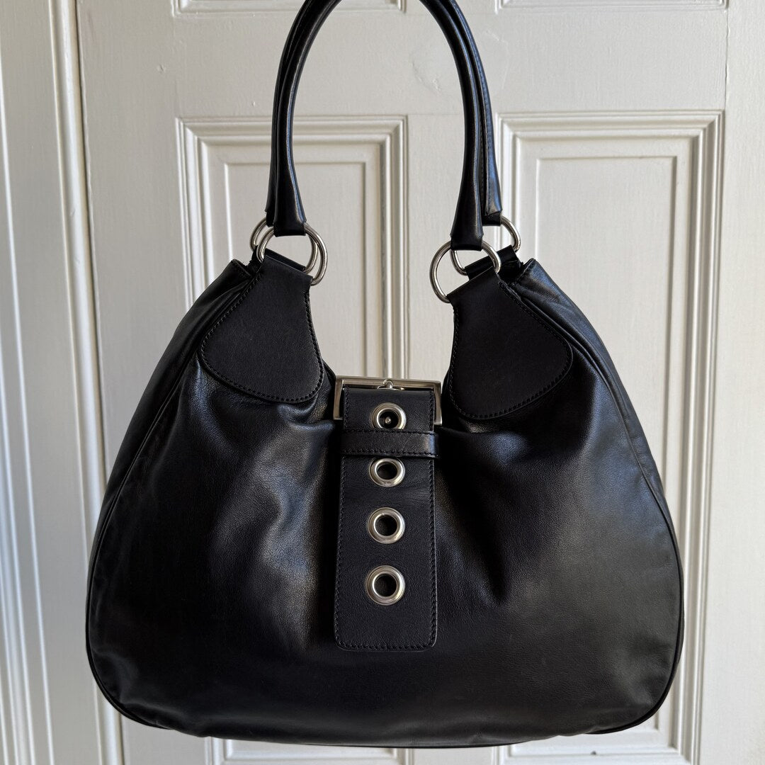 2002 Prada XL Moon Black Leather Shoulder Bag