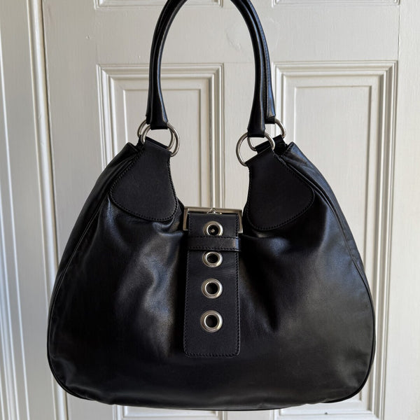 2002 Prada XL Moon Black Leather Shoulder Bag