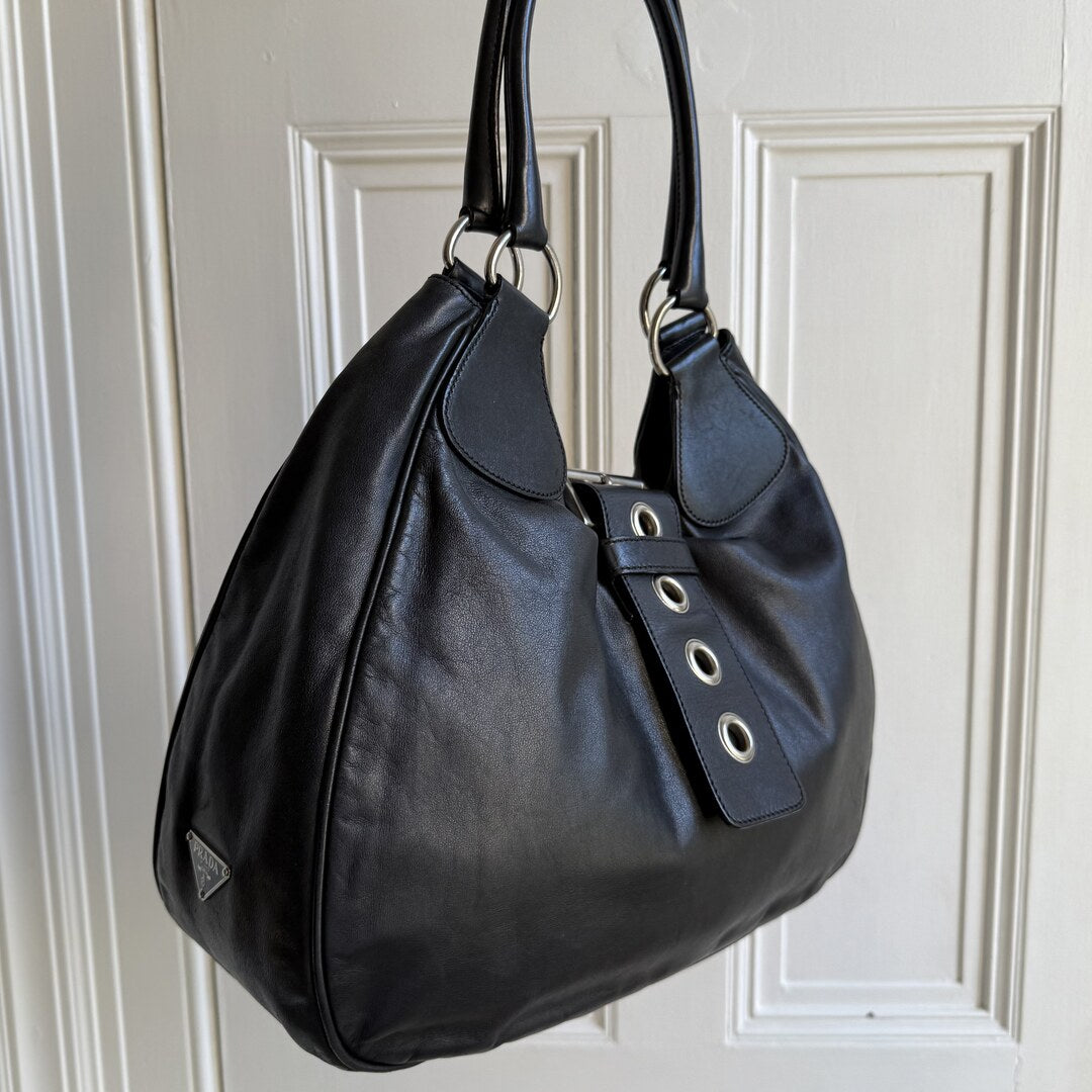 2002 Prada XL Moon Black Leather Shoulder Bag