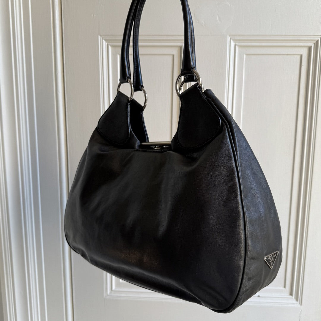 2002 Prada XL Moon Black Leather Shoulder Bag