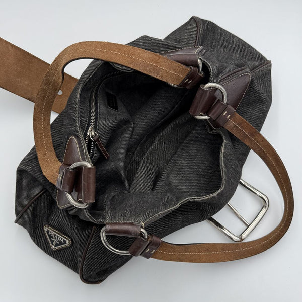 Prada Moon Denim Brown Leather Shoulder Bag