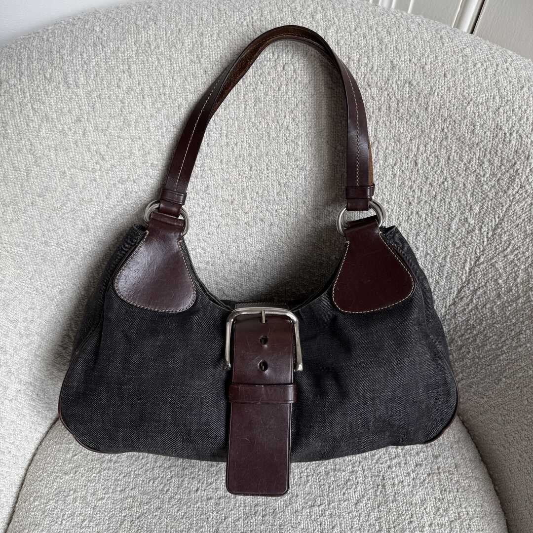 Prada Moon Denim Brown Leather Shoulder Bag