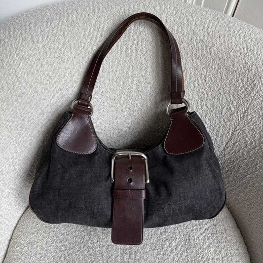 Prada Moon Denim Brown Leather Shoulder Bag
