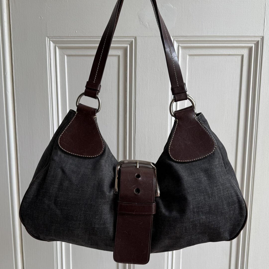 Prada Moon Denim Brown Leather Shoulder Bag