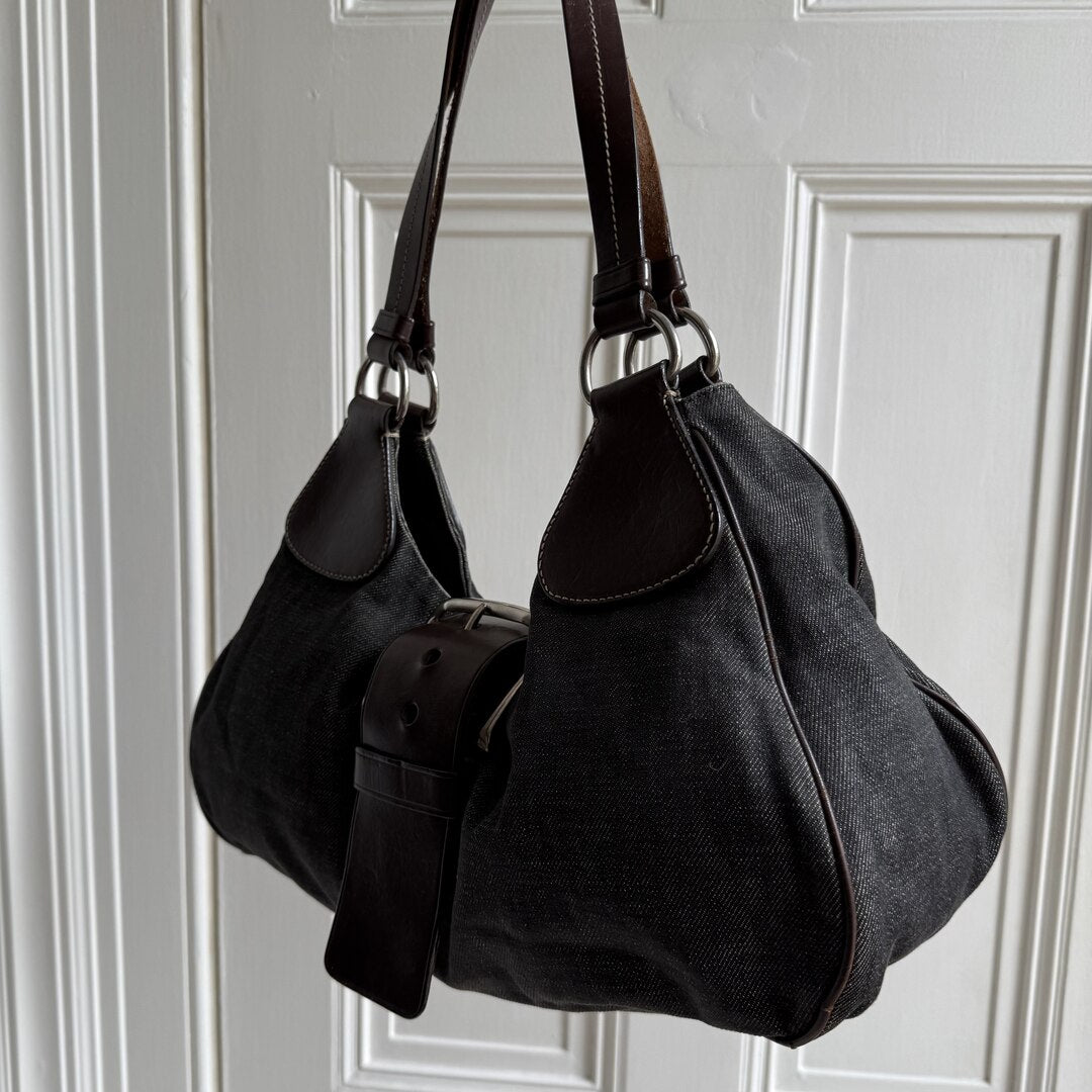 Prada Moon Denim Brown Leather Shoulder Bag