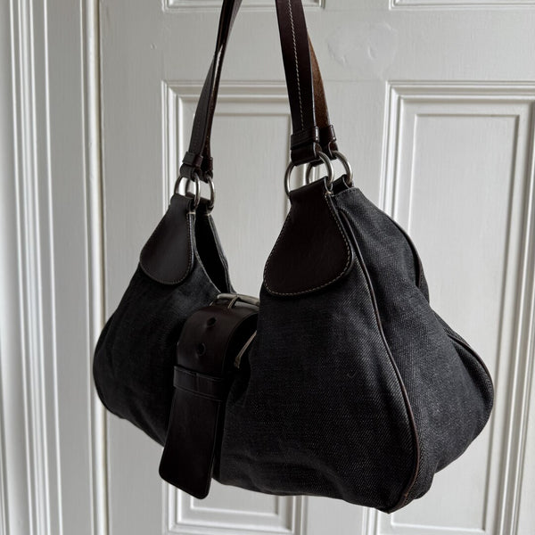 Prada Moon Denim Brown Leather Shoulder Bag