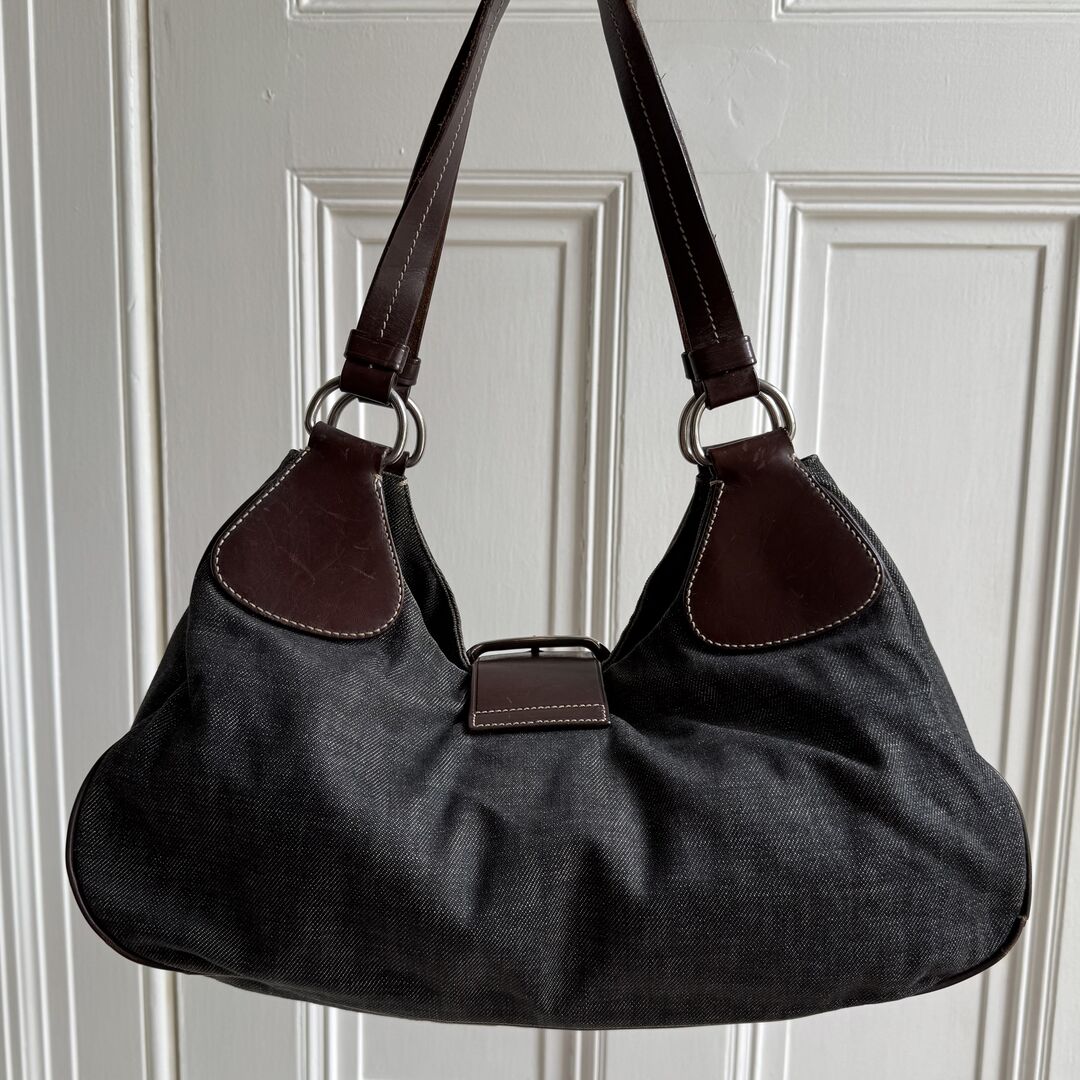 Prada Moon Denim Brown Leather Shoulder Bag