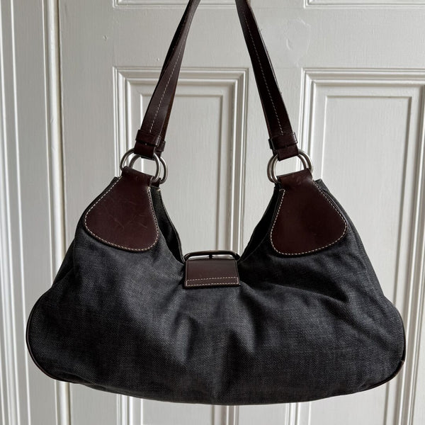 Prada Moon Denim Brown Leather Shoulder Bag
