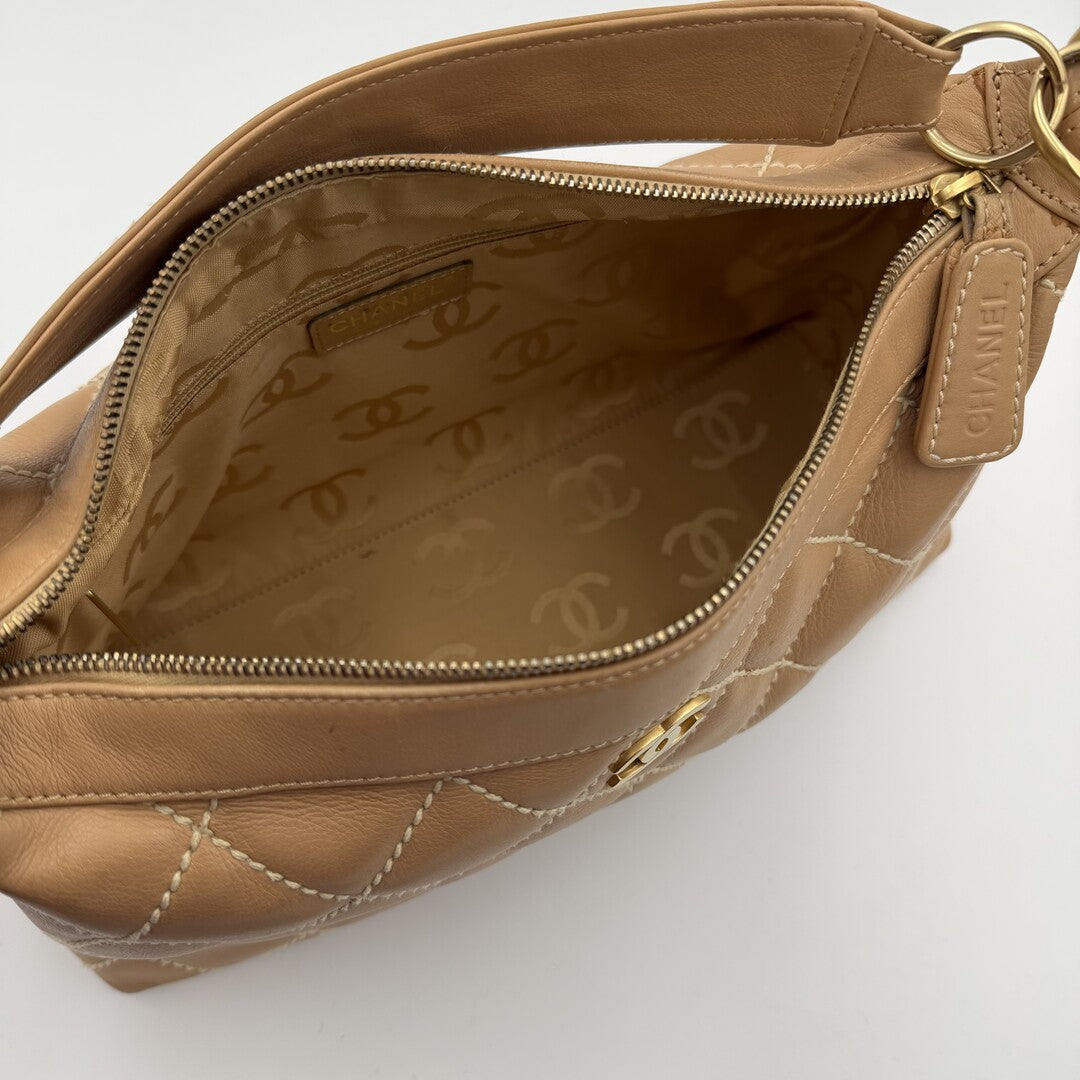 2003 Chanel CC Surpique Wild Stitch Beige Leather Handbag
