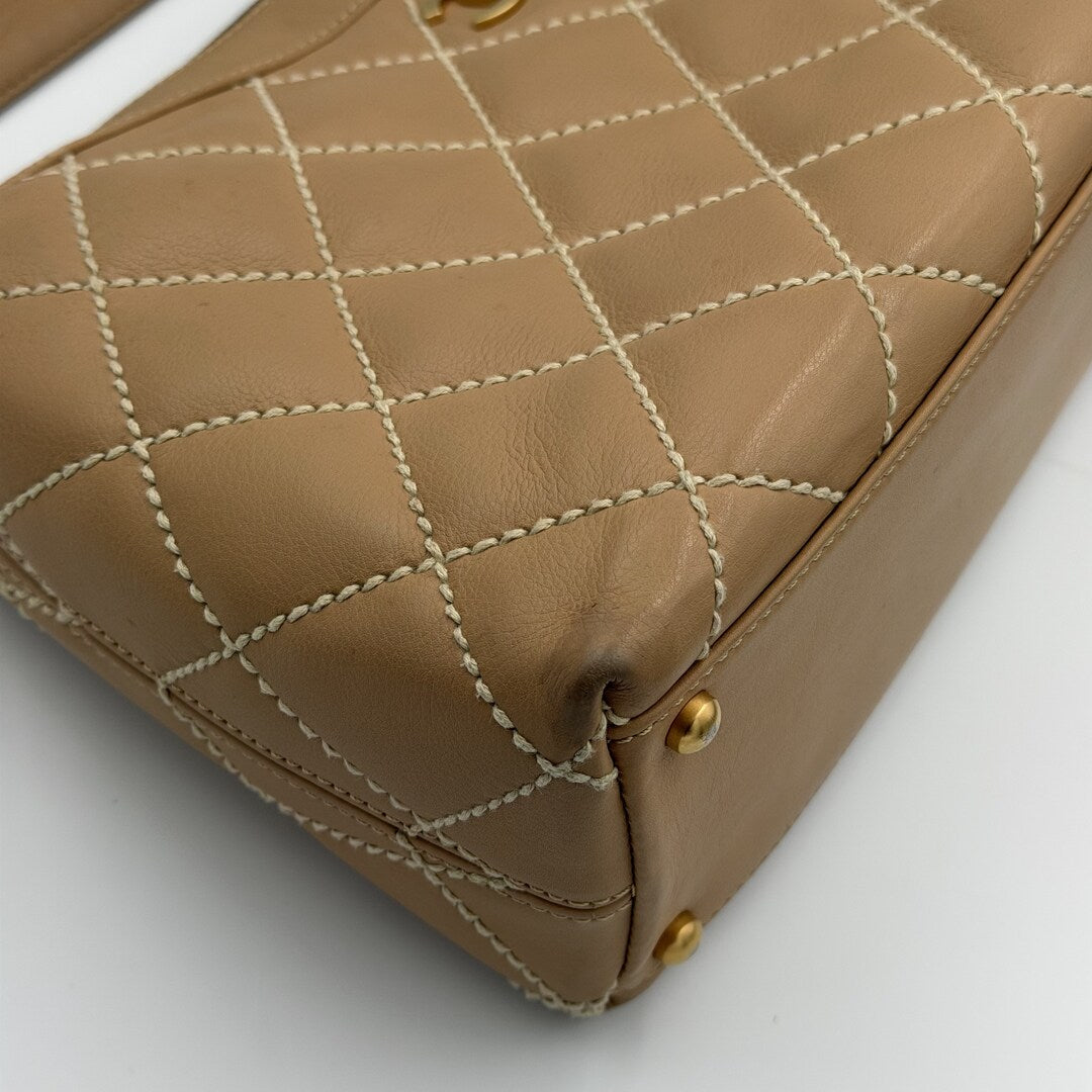 2003 Chanel CC Surpique Wild Stitch Beige Leather Handbag