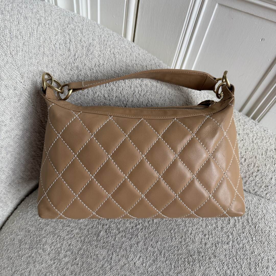2003 Chanel CC Surpique Wild Stitch Beige Leather Handbag